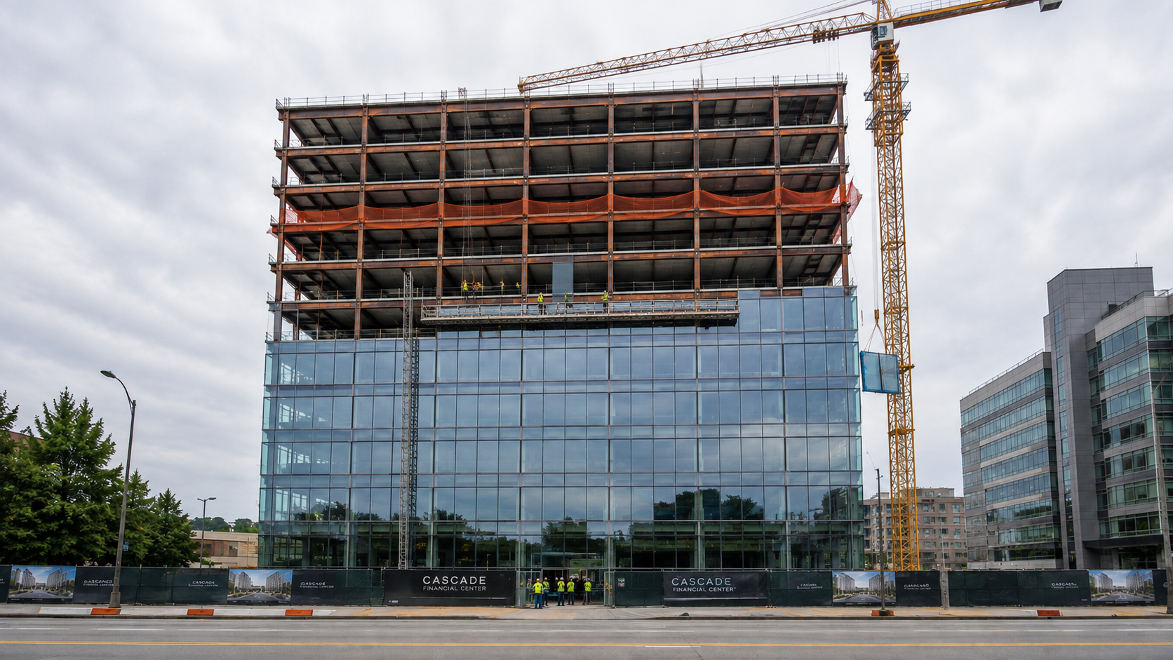 Cascade Financial Center, glazing installation underway